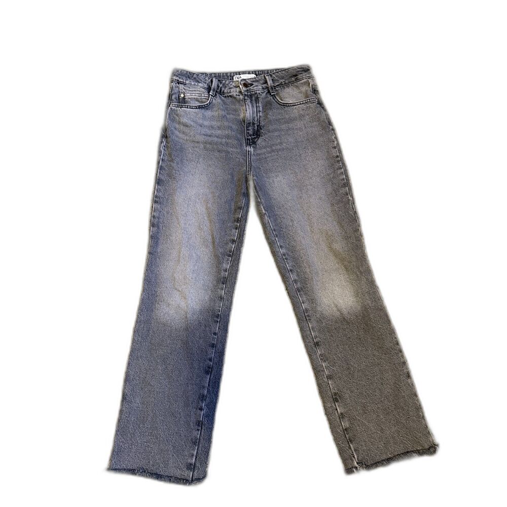 Zara Grey High Rise Straight Leg Jeans Frayed Hem Size 6 / 28